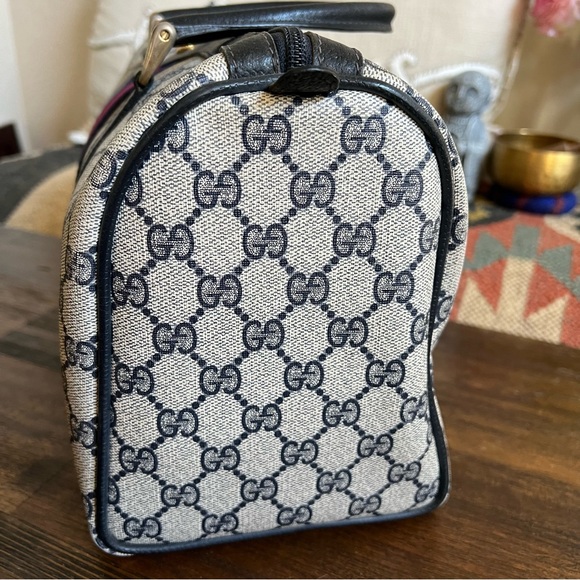 GUCCI Web Sherry Line Navy Boston Bag With Authenticity Cert - Picture 7 of 17